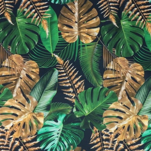 TKANINA WODOODPORNA Liście tropikalne (monstera) złoto - zielone