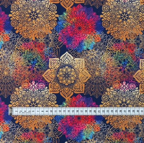 TKANINA WODOODPORNA Mandale tęczowe na granatowym
