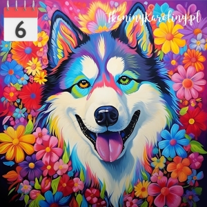 Panel welurowy Pies husky w kwiatach [6]