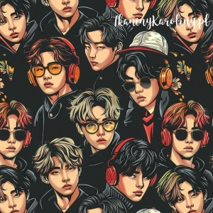 WELUR TAPICERSKI K-POP Chłopcy w czapkach i okularach na czarnym tle [6-8] 