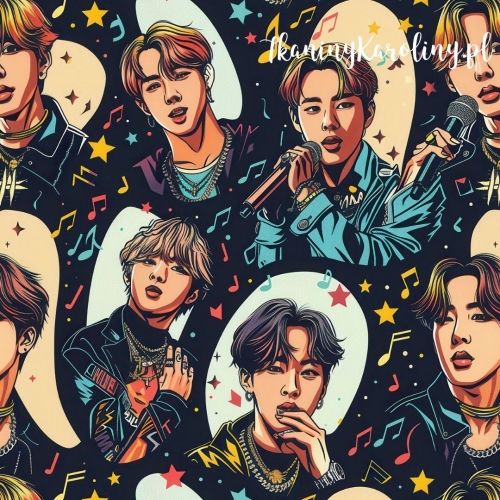 TKANINA WODOODPORNA OXFORD K-POP Chłopcy z mikrofonami na czarnym tle