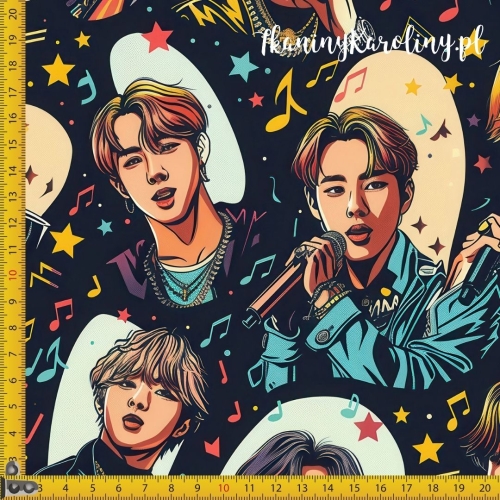 TKANINA WODOODPORNA OXFORD K-POP Chłopcy z mikrofonami na czarnym tle