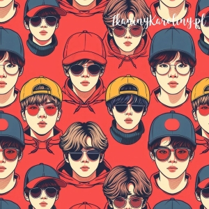 TKANINA WODOODPORNA OXFORD K-POP Chłopcy kolorowi w czapkach i okularach na czerwonym tle [6-8]