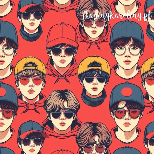 TKANINA WODOODPORNA OXFORD K-POP Chłopcy kolorowi w czapkach i okularach na czerwonym tle