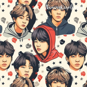 TKANINA WODOODPORNA OXFORD K-POP Chłopcy w czerwonych kapturach na jasnym tle [6-8]