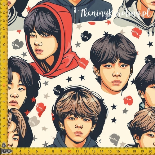TKANINA WODOODPORNA OXFORD K-POP Chłopcy w czerwonych kapturach na jasnym tle