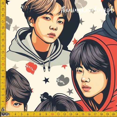 WELUR TAPICERSKI K-POP Chłopcy w czerwonych kapturach na jasnym tle