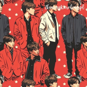 TKANINA WODOODPORNA OXFORD K-POP Chłopcy całe sylwetki na czerwonym tle i gwiazdki [6-8]