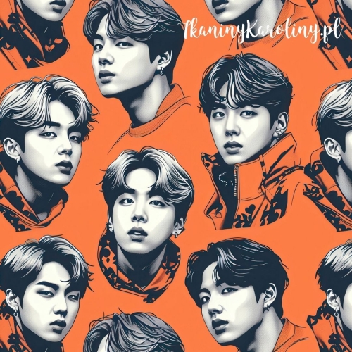 TKANINA WODOODPORNA OXFORD K-POP Chłopcy monochromatyczne twarze na pomarańczowym tle