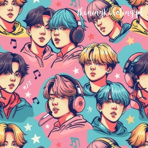 TKANINA WODOODPORNA OXFORD K-POP Chłopcy w słuchawkach na różu i turkusie [6-8]   