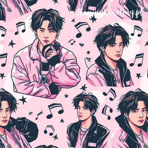 TKANINA WODOODPORNA OXFORD K-POP Chłopcy z nutami na jasnym różu