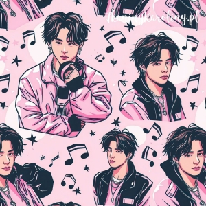 WELUR TAPICERSKI K-POP Chłopcy z nutami na jasnym różu [6-8]   