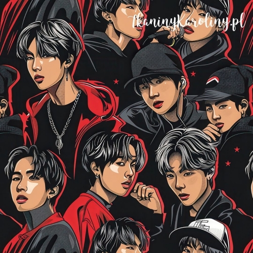 WELUR TAPICERSKI K-POP Chłopcy czarno-czerwony z gwiazdkami