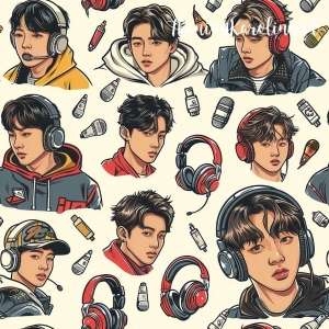 WELUR TAPICERSKI K-POP Chłopcy w słuchawkach na jasnym tle z mikrofonami [6-8] 