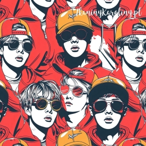 WELUR TAPICERSKI K-POP Chłopcy monochromatyczni w czapkach i okularach na czerwono-pomarańczowym tle [6-8]