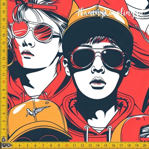 WELUR TAPICERSKI K-POP Chłopcy monochromatyczni w czapkach i okularach na czerwono-pomarańczowym tle