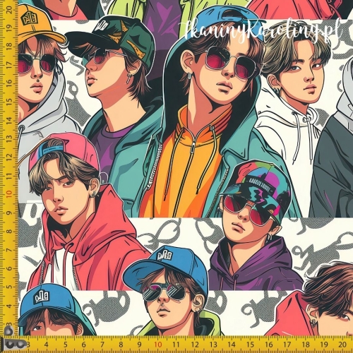 TKANINA WODOODPORNA OXFORD K-POP Chłopcy w kolorowych bluzach, czapkach i okularach na jasnym tle