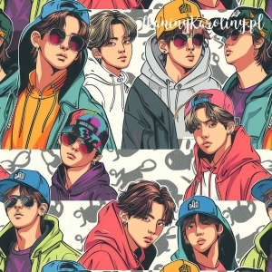 WELUR TAPICERSKI K-POP Chłopcy w kolorowych bluzach, czapkach i okularach na jasnym tle [6-8]