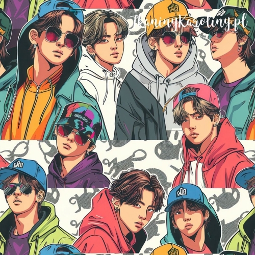 WELUR TAPICERSKI K-POP Chłopcy w kolorowych bluzach, czapkach i okularach na jasnym tle