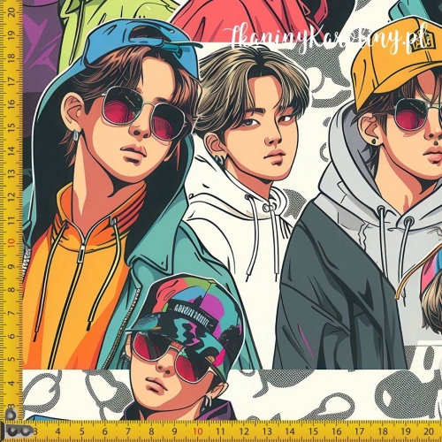 WELUR TAPICERSKI K-POP Chłopcy w kolorowych bluzach, czapkach i okularach na jasnym tle