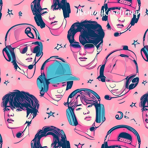 TKANINA WODOODPORNA OXFORD K-POP Chłopcy w słuchawkach i czapkach na różowym tle