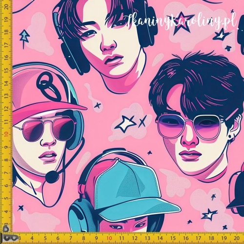 TKANINA WODOODPORNA OXFORD K-POP Chłopcy w słuchawkach i czapkach na różowym tle