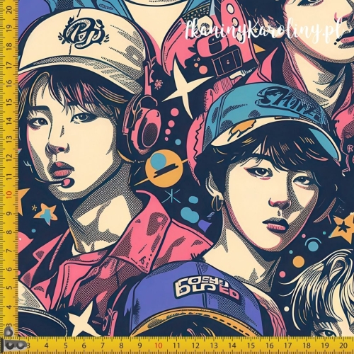 WELUR TAPICERSKI K-POP Chłopcy w kolorowych czapkach baseballowych na ciemnym tle