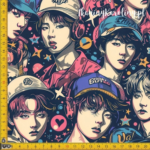 SOFTSHELL WODOODPORNY OXFORD K-POP Chłopcy w kolorowych czapkach baseballowych na ciemnym tle