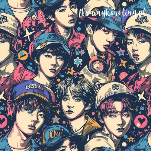TKANINA WODOODPORNA OXFORD K-POP Chłopcy w kolorowych czapkach baseballowych na ciemnym tle