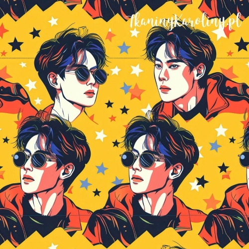TKANINA WODOODPORNA OXFORD K-POP Chłopcy w okularach na żółtym tle z niebieską grzywką