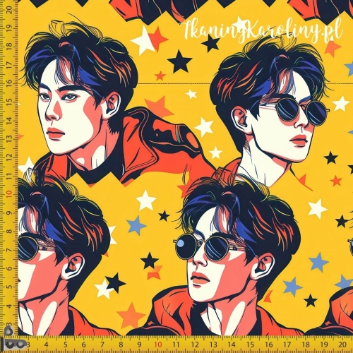 TKANINA WODOODPORNA OXFORD K-POP Chłopcy w okularach na żółtym tle z niebieską grzywką