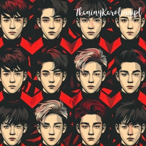 WELUR TAPICERSKI K-POP Chłopcy w rzędach na czarno-czerwonym tle [6-8] 