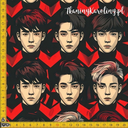 TKANINA WODOODPORNA OXFORD K-POP Chłopcy w rzędach na czarno-czerwonym tle
