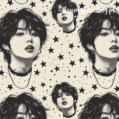 TKANINA WODOODPORNA OXFORD K-POP Chłopcy, portret na jasnym tle, czarne gwiazdy
