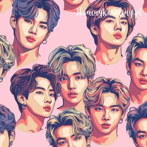 TKANINA WODOODPORNA OXFORD K-POP Chłopcy z kolczykami na jasnym różowym tle [6-8]