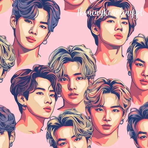 TKANINA WODOODPORNA OXFORD K-POP Chłopcy z kolczykami na jasnym różowym tle