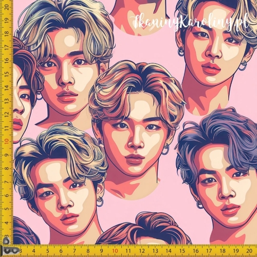 TKANINA WODOODPORNA OXFORD K-POP Chłopcy z kolczykami na jasnym różowym tle