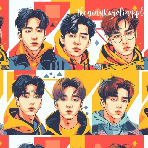 TKANINA WODOODPORNA OXFORD K-POP Chłopcy w żółtych kapturach