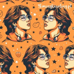 TKANINA WODOODPORNA OXFORD K-POP Chłopcy w okularach na pomarańczowym tle z białymi i czarnymi gwiazdami [6-8]