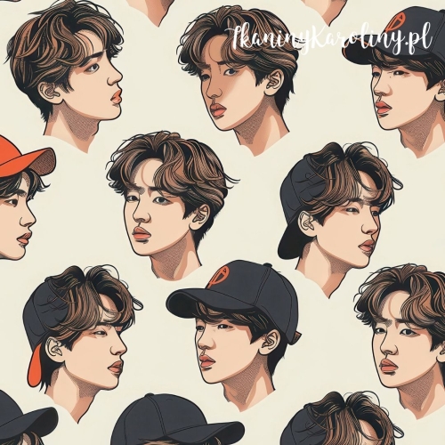 TKANINA WODOODPORNA OXFORD K-POP Chłopcy w czapkach czarno-czerwonych na beżowym gładkim tle