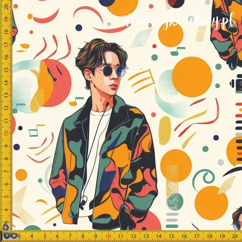 WELUR TAPICERSKI K-POP Chłopcy w okularach - sylwetki od pasa w górę, kolorowe kropki i kreski na jasnym tle