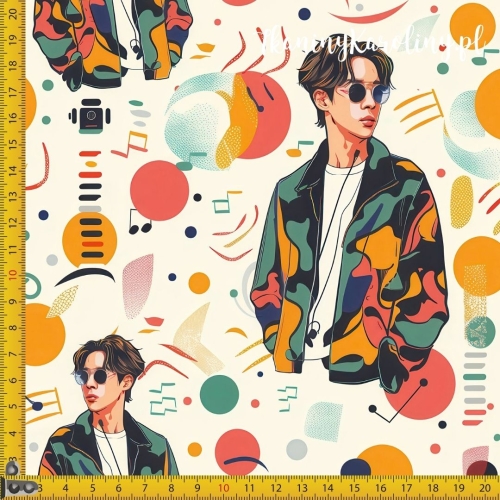 TKANINA WODOODPORNA OXFORD K-POP Chłopcy w okularach - sylwetki od pasa w górę, kolorowe kropki i kreski na jasnym tle
