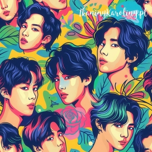 WELUR TAPICERSKI K-POP Chłopcy w kwiatach, liściach i kolorowych plamach  [6-8] 