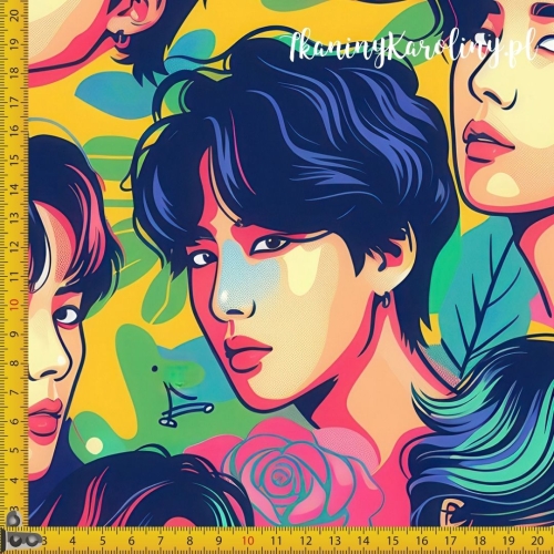 WELUR TAPICERSKI K-POP Chłopcy w kwiatach, liściach i kolorowych plamach