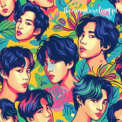 TKANINA WODOODPORNA OXFORD K-POP Chłopcy w kwiatach, liściach i kolorowych plamach