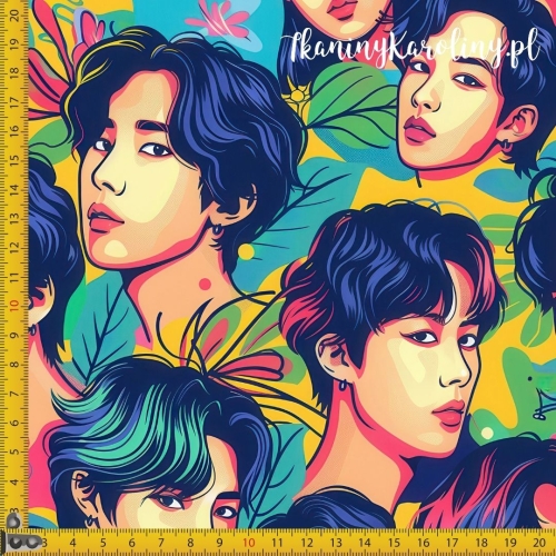 TKANINA WODOODPORNA OXFORD K-POP Chłopcy w kwiatach, liściach i kolorowych plamach
