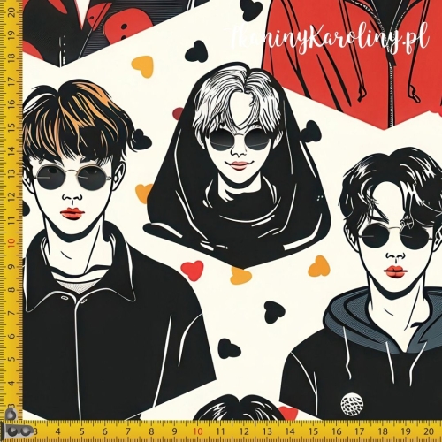 WELUR TAPICERSKI K-POP Chłopcy w okularach i w żółtych, czerwonych oraz czarnych plamach na jasnym tle