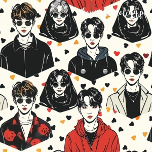 TKANINA WODOODPORNA OXFORD K-POP Chłopcy w okularach i w żółtych, czerwonych oraz czarnych plamach na jasnym tle [6-8]