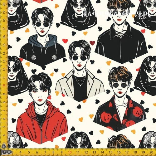 TKANINA WODOODPORNA OXFORD K-POP Chłopcy w okularach i w żółtych, czerwonych oraz czarnych plamach na jasnym tle