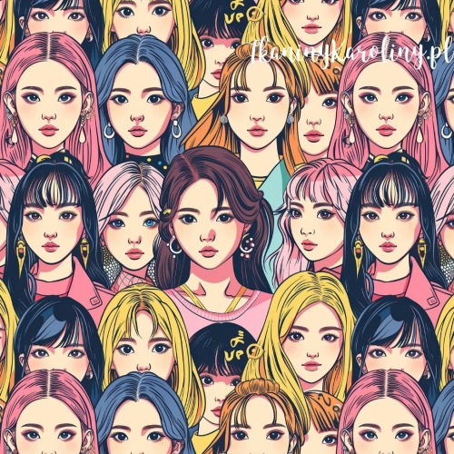 WELUR TAPICERSKI K-POP Dziewczyny, twarze - wielokolorowe fryzury w tłumie
